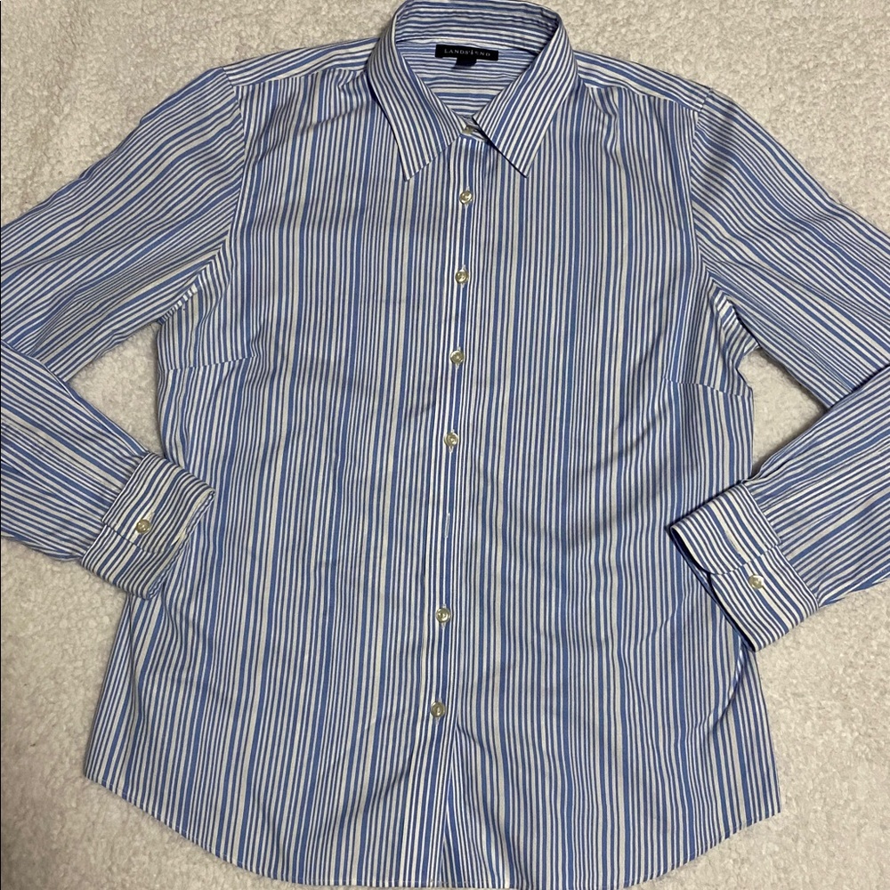 Lands End women’s size 10 blue white striped long sleeve button down shirt